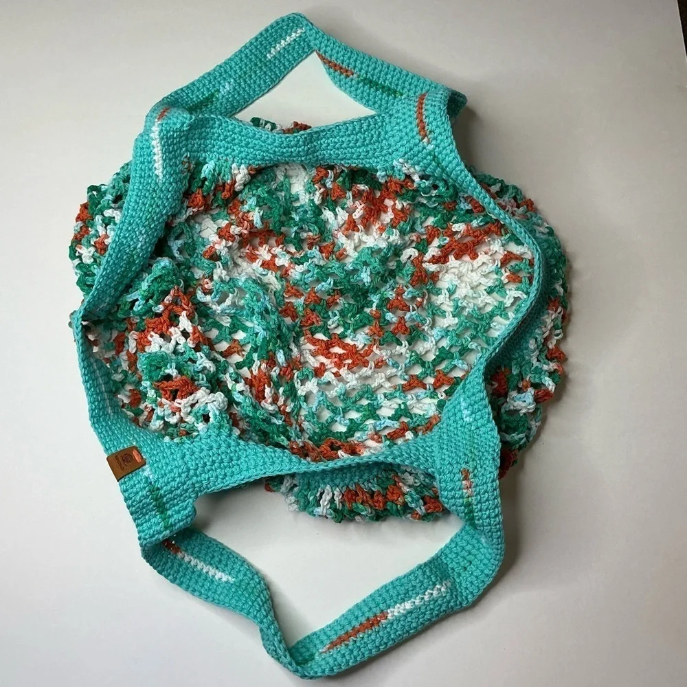 Large‎ Crochet Mesh Market Bag Teal White Cotton Handcrafted Handmade Reusable